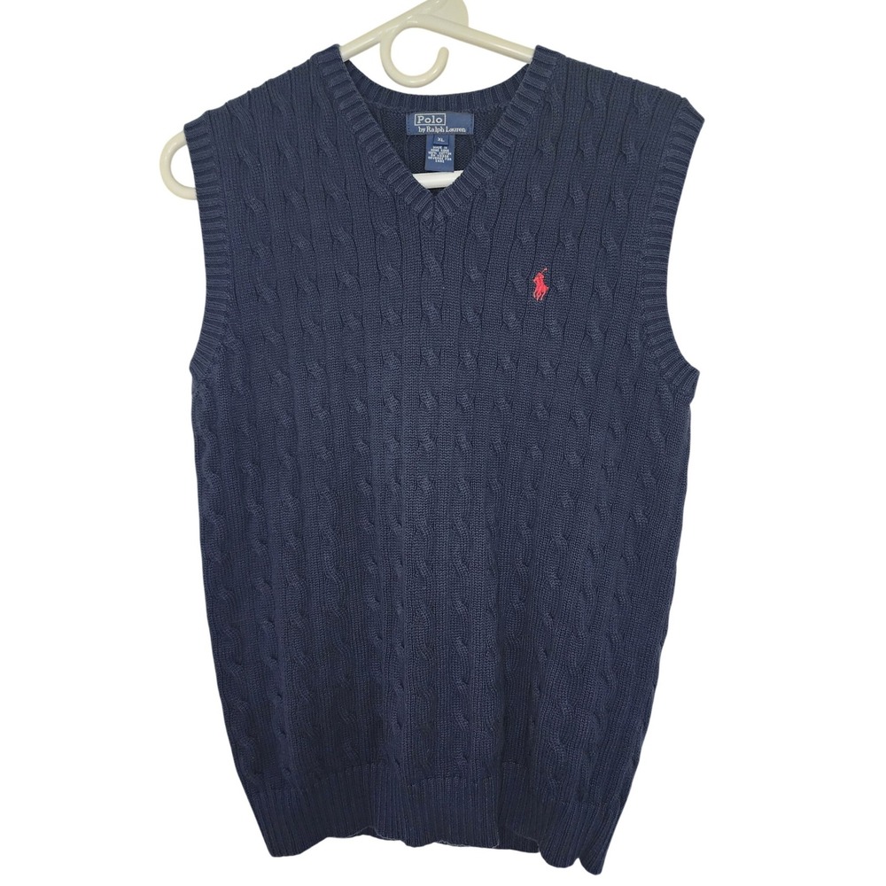 Polo Ralph Lauren Mens XL Navy Blue Cable Knit Cotton V-Neck Sweater Vest